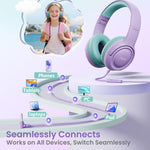acer kids headphones purple green - over-ear volume limiter 85db foldable stereo sound headset for toddlers girls boys travel learning entertainment