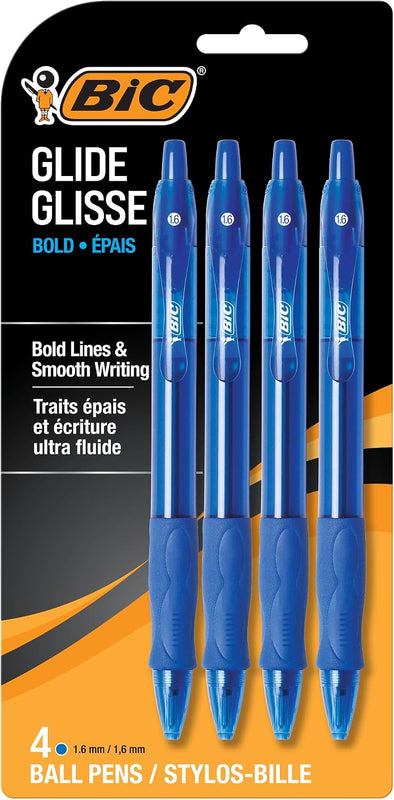 BIC Glide Bold Blue Ballpoint Pens, Bold Point (1.6mm), 12-Count Pack, Retractable Ballpoint Pens With Comfortable Full Grip