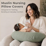 Konssy 2-Pack 100% Cotton Muslin Nursing Pillow Covers, Soft Cover for Baby | Covers Only, Breastfeeding Pillows Slipcovers for Baby Boys & Girls, Hidden Zipper, Machine Washable, (Fog Green, Cream)