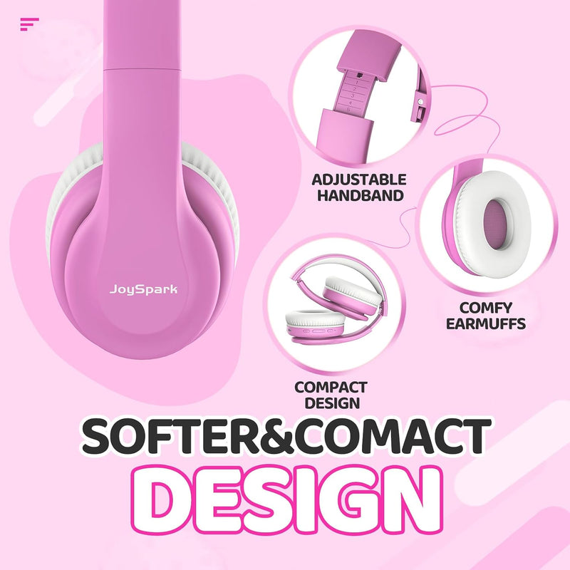 JoySpark Kids Bluetooth Headphones, Lightweight Wireless Headphones for Kids, 85/94dB Volume Limited, 60 Hours Playtime, Bluetooth 5.3, Over-Ear Toddler Headsets with Built-in Mic-Pink