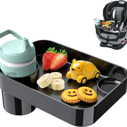 Car Seat Snack Tray for Toddlers - 3 Inch Cup Holder Fits Most Sippy Cups & Straw Bottles with Dip Well, Mess-Free Square Kids Travel Tray Road Trip Essentials, Black