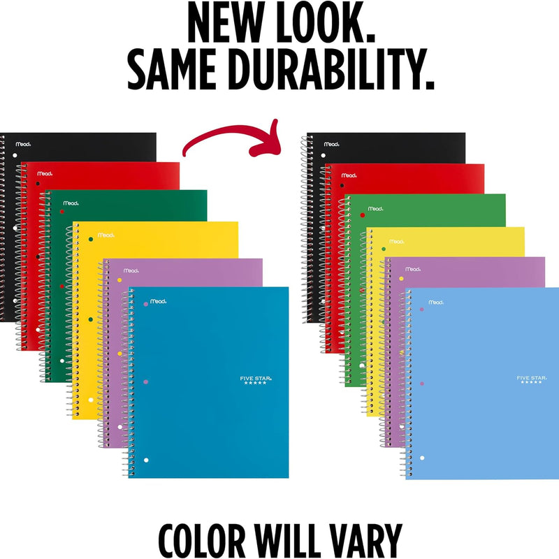 Five Star Spiral Notebook + Study App, 6 Pack, 1 Subject, Wide Ruled Paper, 8" x 10-1/2", 100 Sheets, Fights Ink Bleed, Water Resistant Cover, Assorted Colors (38042)