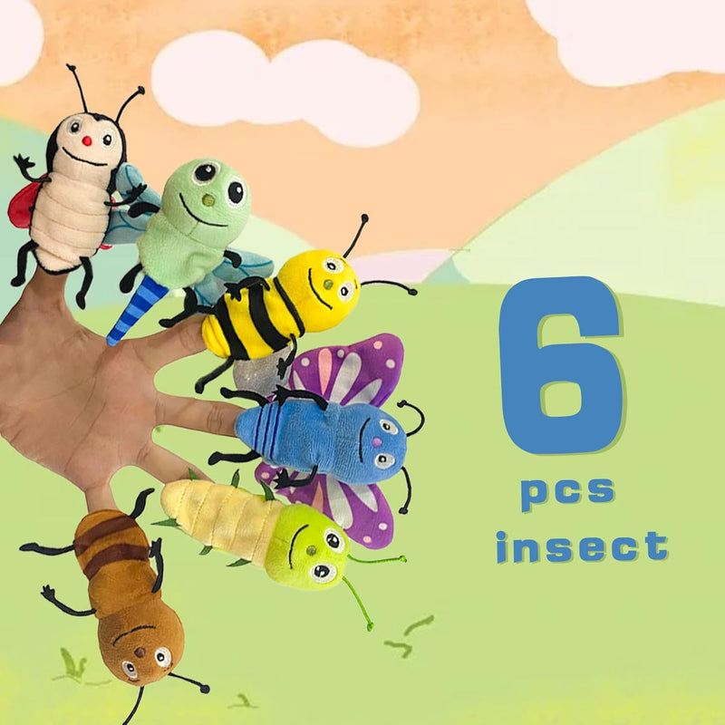 6-Piece Insect Finger Puppet Set for Kids & Toddlers, Soft Fabric Mini Hand Puppets, Realistic Animal Characters for Engaging Role-Playing & Interactive Storytelling Activities.