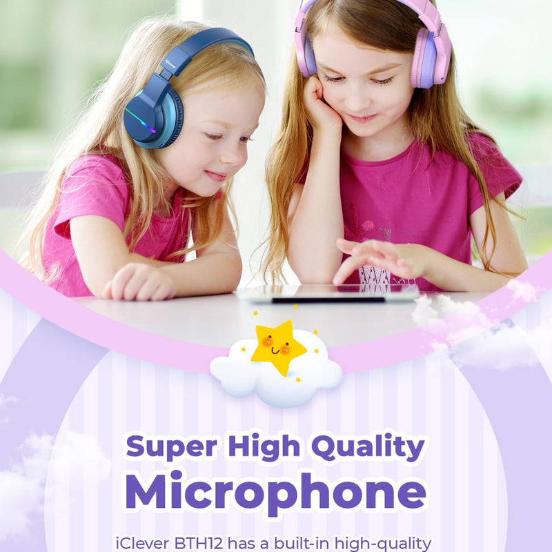iClever BTH12 Kids Bluetooth Headphones 85H Playtime with LED Lights Travel | SafeSound Tech, Stereo Sound, USB C Charging AUX Cable Over Ear Built-in Mic, Kids Wireless Headphones for Toddler Boys Girls