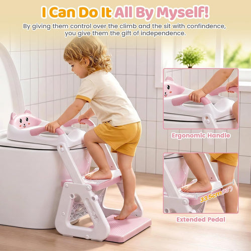 Orzbow Potty Training Seat with Step Stool, Toddler Toilet Seat with Ladder | 7 Height Adjustable, Splash Guard, Non-Slip Base, Handles, Stable Triangular Fits Most Toilets, For Kids Boys Girls, Pink