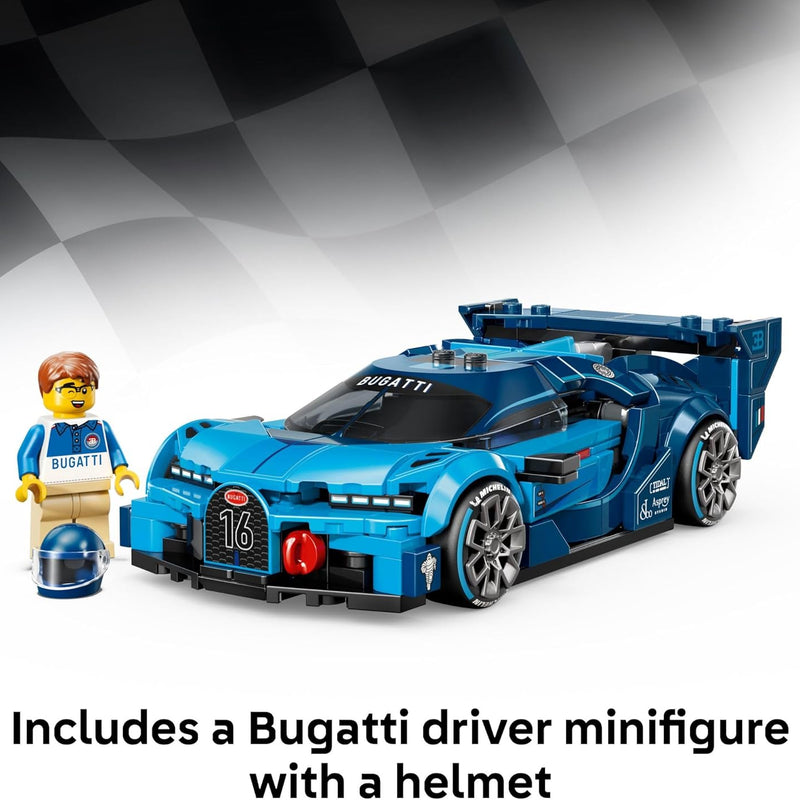 Build the iconic LEGO Speed Champions Bugatti Vision Gran Turismo Hyper Sports Car, a legendary ride for kids aged 9+, with a Bugatti driver minifigure.