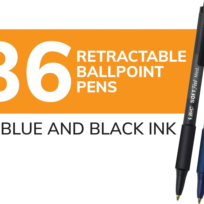 BIC Soft Feel Retractable Ballpoint Pen,1.0 mm Medium Point, Bulk School Supplies for Students and Teachers, No-Slip Grip, 36-Count in Black & Blue