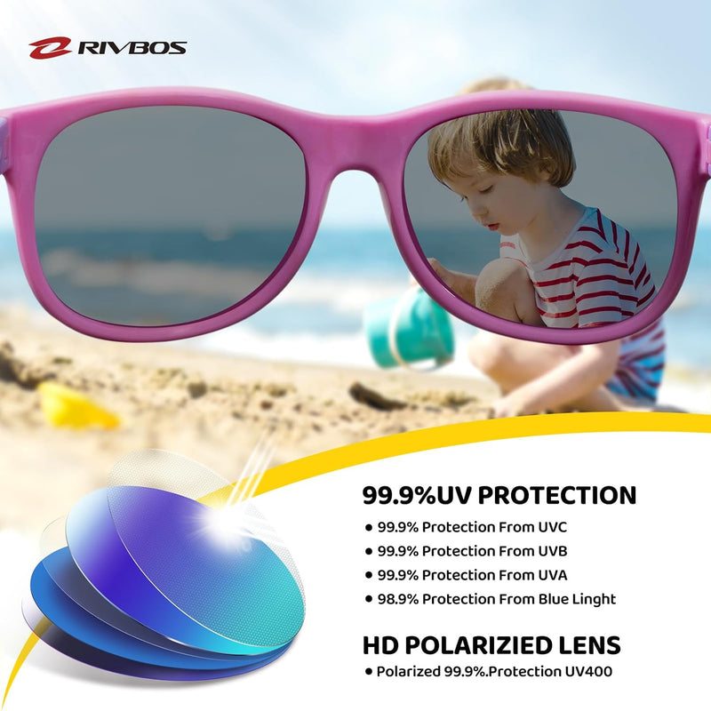 RIVBOS Kids Sunglasses Polarized UV400 TPE with Strap for Boys Girls RBK004 | Flexible rubber frame with UV protection and secure strap for boys, girls, beach, travel and play