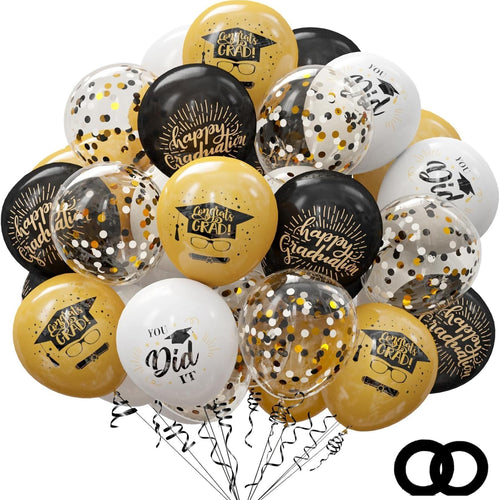 75-pack Black Gold Graduation Party Decorations Balloons with Ribbons for College or High School Party Supplies