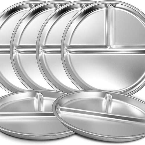 EWFEN Stainless Steel Toddler Plate Set of 6, 9" Portion Control Plates Divided Plate for Adults Kids Balance Lunch, Non Slip | Unbreakable Toddler Baby Feeding Set Dishwasher Safe