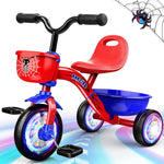 Stable Spider Toddler Tricycle for 1-5 Year Olds with Colorful Lighting, Large Basket & Thickened Noiseless Wheels
