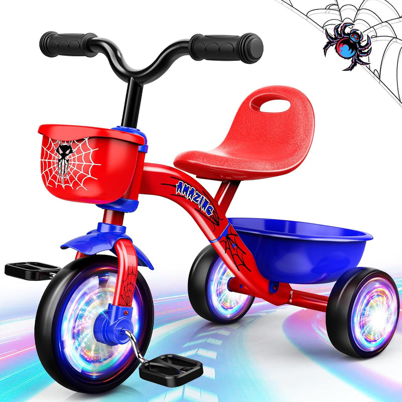Stable Spider Toddler Tricycle for 1-5 Year Olds with Colorful Lighting, Large Basket & Thickened Noiseless Wheels