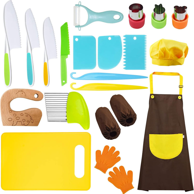 RISICULIS Kids Kitchen Knife, Montessori Kitchen Knife Set for Toddlers | 11Pcs Kids Safe Knife Set for Real Cooking with Wood Plastic Knives Kids Cutting Board, Montessori Gifts for Boys Girls