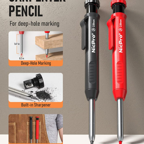 Nicpro Carpenter Pencil with Sharpener, Mechanical Pencils Set with 26 Refills, Deep Hole Marker for Construction, Heavy Duty Woodworking Tools for Architect (Black, Red) - With Case
