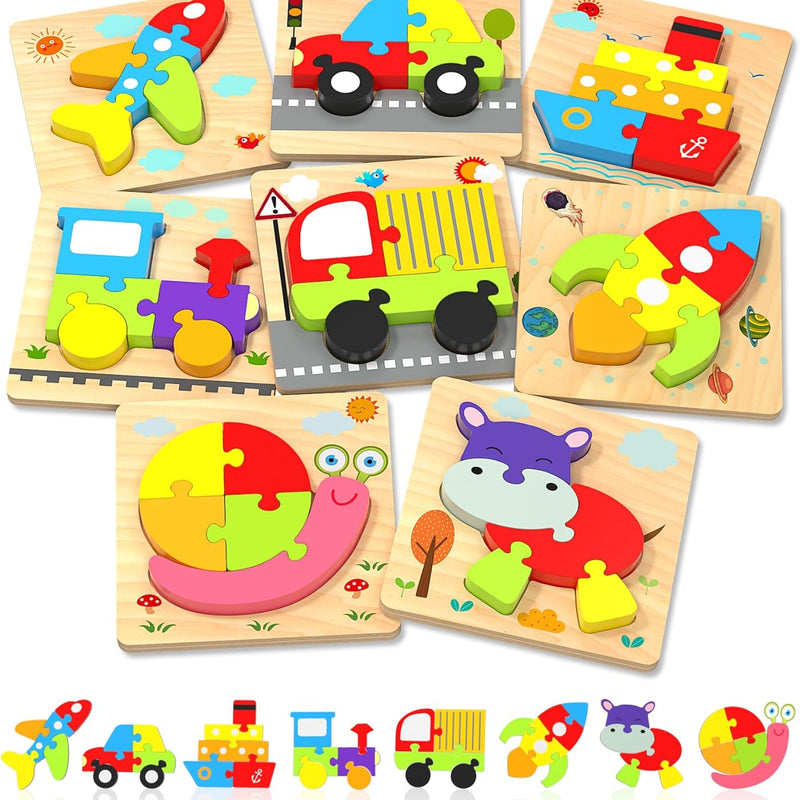 Yetonamr wooden toddler puzzles, 6 vehicle shape montessori toys for 1-3 year old boys and girls, high-quality and safe