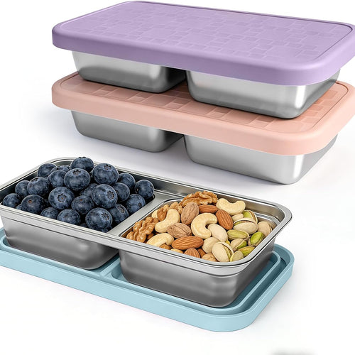3 Pack Stainless Steel Snack Containers for Kids, Reusable Snack Containers with Silicone Lids, 2 Compartment Toddler Snack Containers for Daycare, School Lunch and Travel, 15 oz