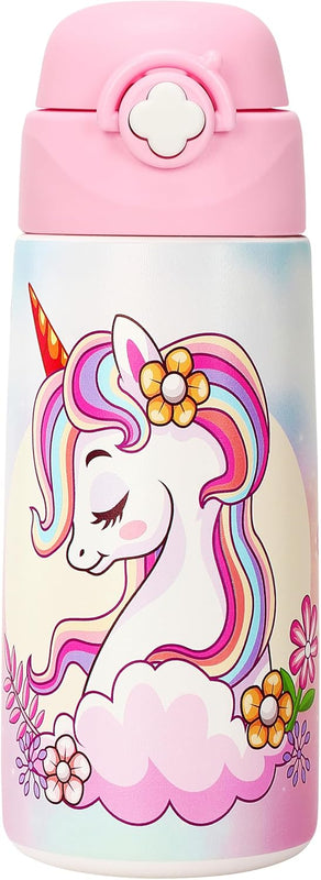 Girls Insulated Water Bottle with Covered Pop-Up Straw,16 oz Kids Cups with Stainless Steel Leak Proof for School Pink（Unicorn）