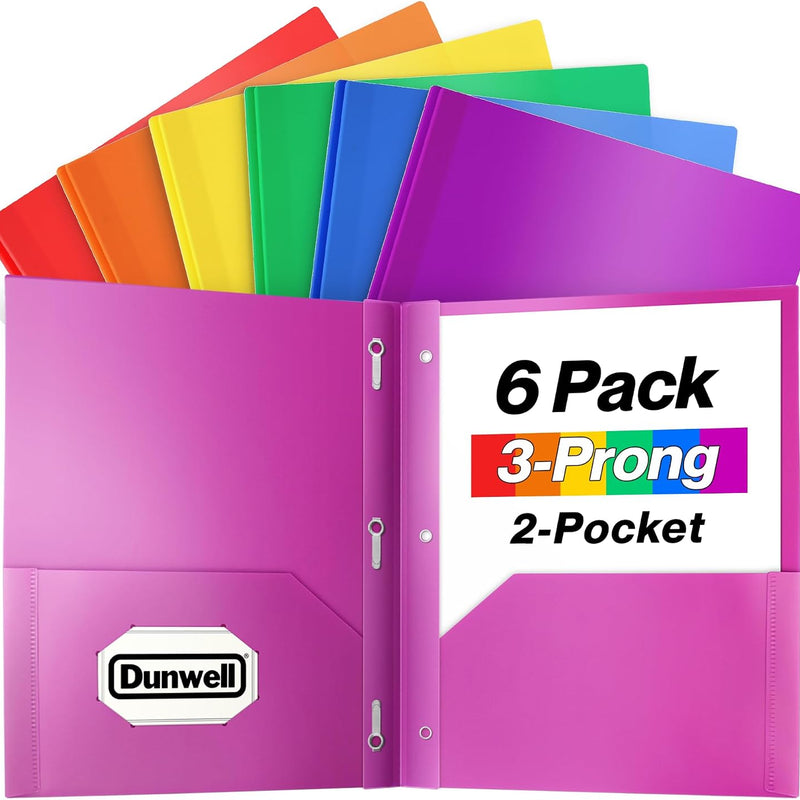 Dunwell Plastic 2 Pocket Folders with 3 Prongs, (6 Pack, Assorted Colors), 3-Clasp Folders with Fasteners, Tear-Resistant, Long Lasting Acid-Free Poly, Includes Labels