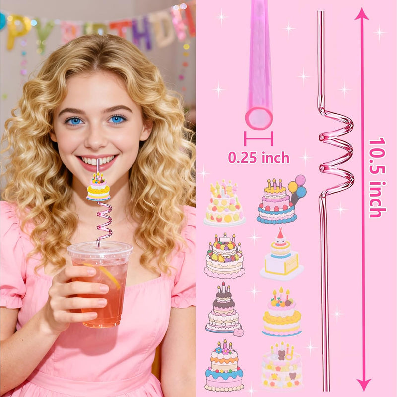 LEDUO 24-Piece Reusable Birthday Straws - Swirly, Glittery Cake Toppers for Kids' Parties
