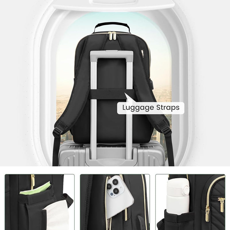 LOVEVOOK Laptop Backpack Purse for Women, Work Travel Computer Bags, College School Backpack for Student Girl, Quilted Casual Daypack with USB Port, Fit 15.6 Inch Laptop, Black