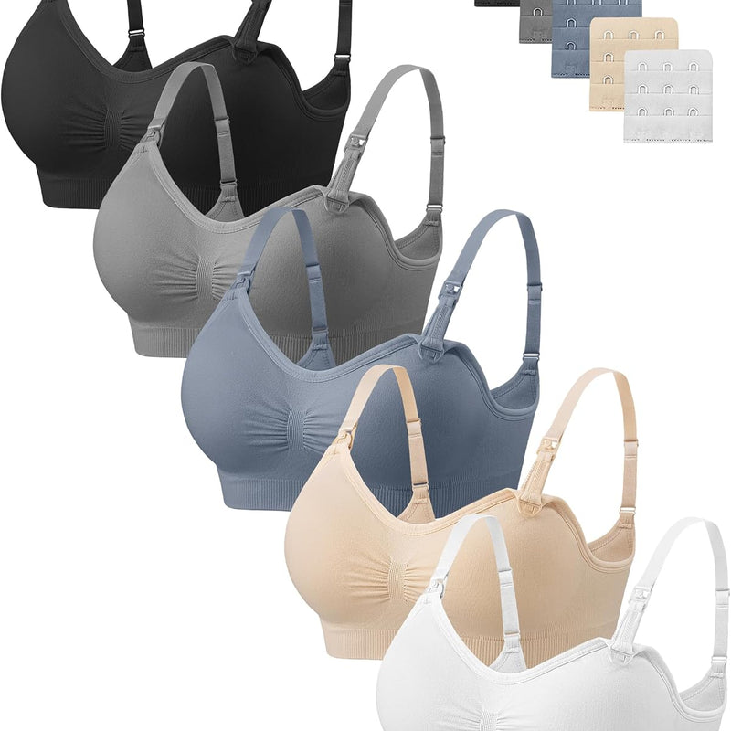 Angelhood Women Nursing Bras for Breastfeeding 5 Pack, Maternity Sleep Bra | Seamless Pregnancy Full Bust Bralettes with Extenders, Wireless V Neck Bralette, Ultra Comfort Postpartum Essentials Bra Pack