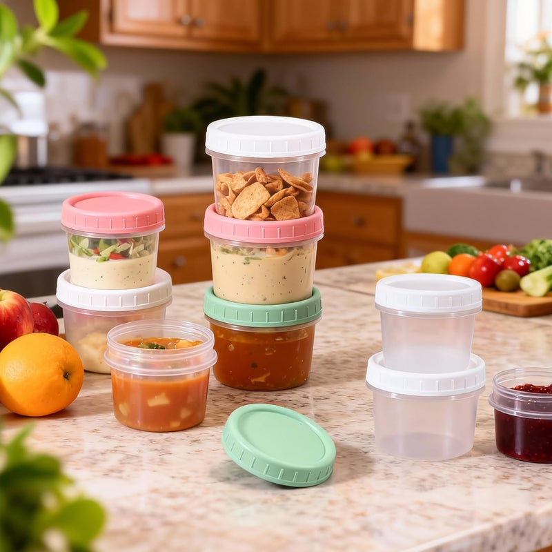 DEMORA 4 oz Small Plastic Containers with Twist on Lids [20 Sets], Stackable Little Food Storage Containers for Snack Lunch Meal Prep Salad Dressings, Freezer/Microwave/Dishwasher Safe, BPA Free