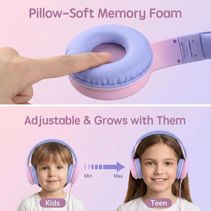 ADOOPE Wired Kids Headphones with USB C Plug, 85dB Safe Volume, Adjustable Headband, Tangle-Free Cord Headphones for School, Tablet, Travel (Light Purple & Pink, Without Microphone)