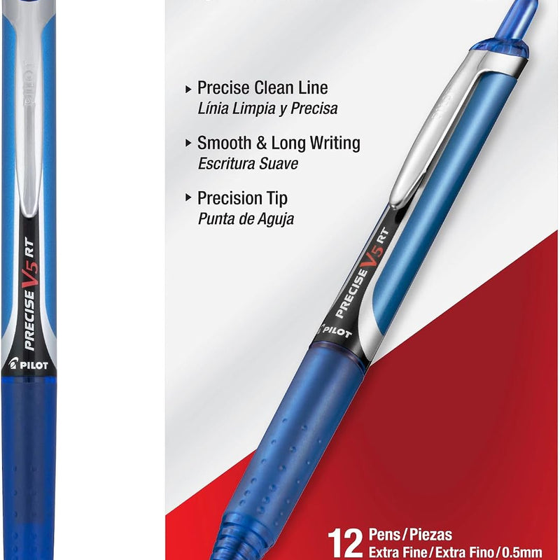 Pilot Precise V5 RT Refillable & Retractable Rollerball Pens, Extra Fine Point Pens 0.5 mm, Black, Pack of 12 - Ideal for School, Journaling & Office Writing