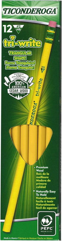 Ticonderoga Tri-Write Wood-Cased Pencils, 2HB Soft, Yellow, 12 Count