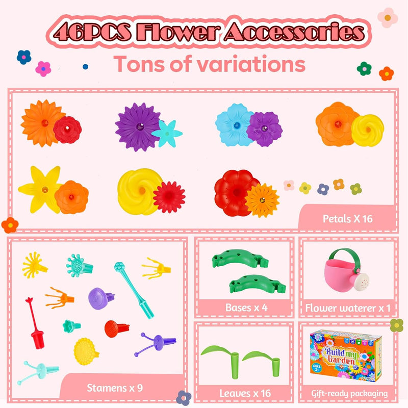 FUNZBO Girl Flower Garden Building Toys Set for Age 2-6 Years Old, STEM Montessori Educational Toy with Sorting & Stacking Spring Gardening Set