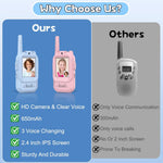 Rechargeable Long Range Walkie Talkies for Kids, 2 Pack, Age 3-5, Outdoor Use, Video and Voice Chat, Pink and Blue Design
