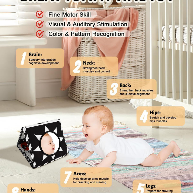 Tummy Time Toys, High Contrast Baby Book with Mirror & Teether for Newborn | Black and White Baby Toys for infant 0-6-12 Months, Visual Stimulation Soft Sensory Books, Baby Boy Girl Shower Gift