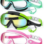 3 Pack Swimming Goggles, Kid Goggles with Earplugs Large Frame Anti-Fog/UV Wide View Swim Goggles Boys Girls 6-14