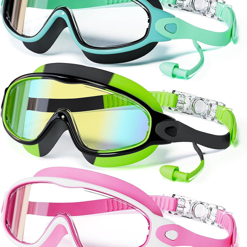 3 Pack Swimming Goggles, Kid Goggles with Earplugs Large Frame Anti-Fog/UV Wide View Swim Goggles Boys Girls 6-14