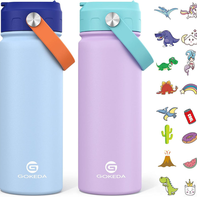 GoKEDA 18oz Kids Water Bottle, 2 Pack Stainless Steel Straw Cup | DIY Stickers, BPA-Free, Stainless Steel, Keeps Cold 24h, Leak-proof, Dust-Proof Lid, Sturdy, School, Gifts