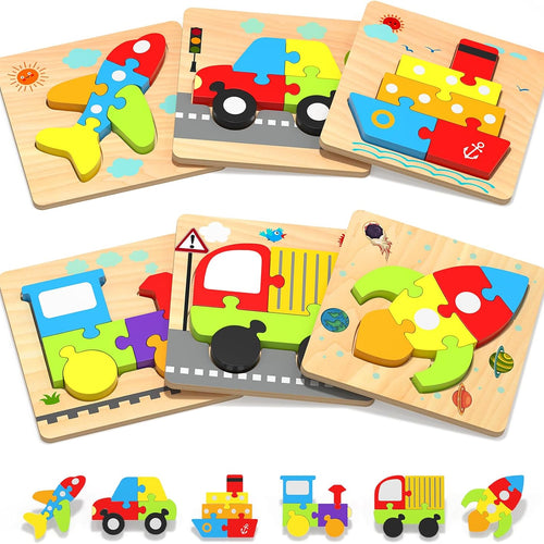 Yetonamr wooden toddler puzzles, 6 vehicle shape montessori toys for 1-3 year old boys and girls, high-quality and safe