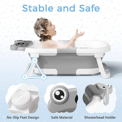 BUNWAG Baby Bathtub, Collapsible Newborn Bathtub for Infant to Toddler with Soft Cushion and Thermometer,Portable Travel Newborn Tub with No-Slip Feet, Baby Shower Gifts, 0-12 Months Baby Bath, Grey