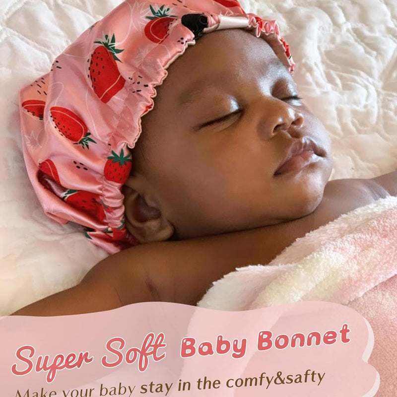 YANIBEST Baby Satin Bonnet Sleep Cap - Double Layer Reversible Adjustable Silky Satin Cap for Infant Toddler(6-36Months,Strawberry)