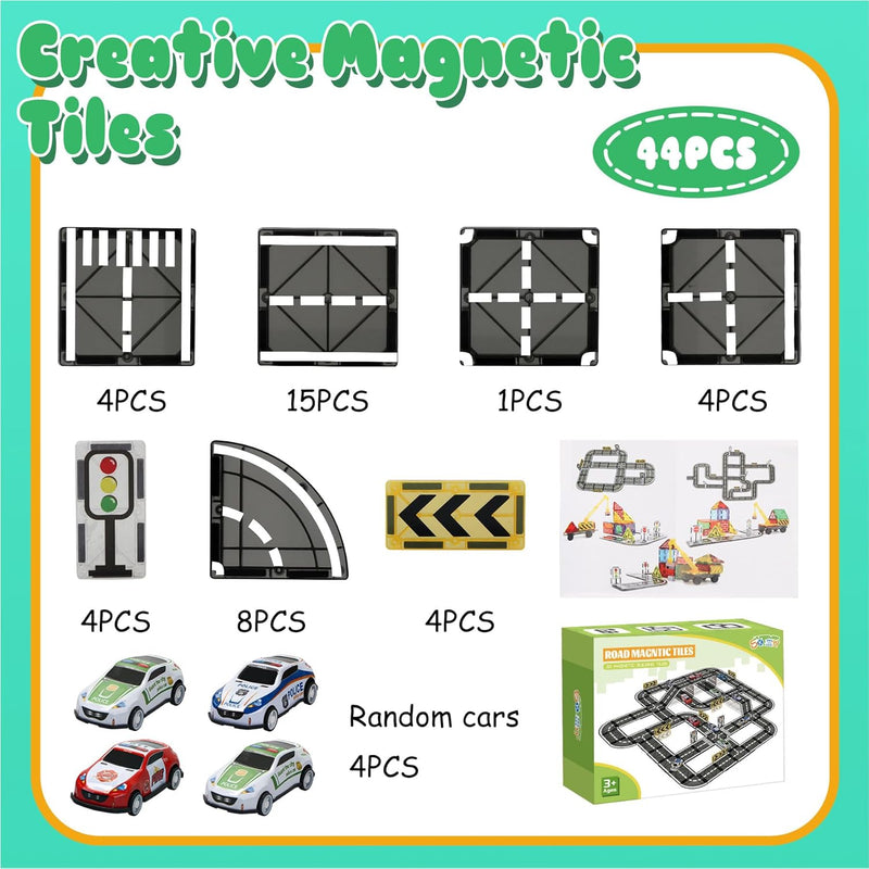 Magnetic Tiles Road Set with Pullback Car, Compatible with Major Brands, Ages 4-8, STEM Building Toy for Kids