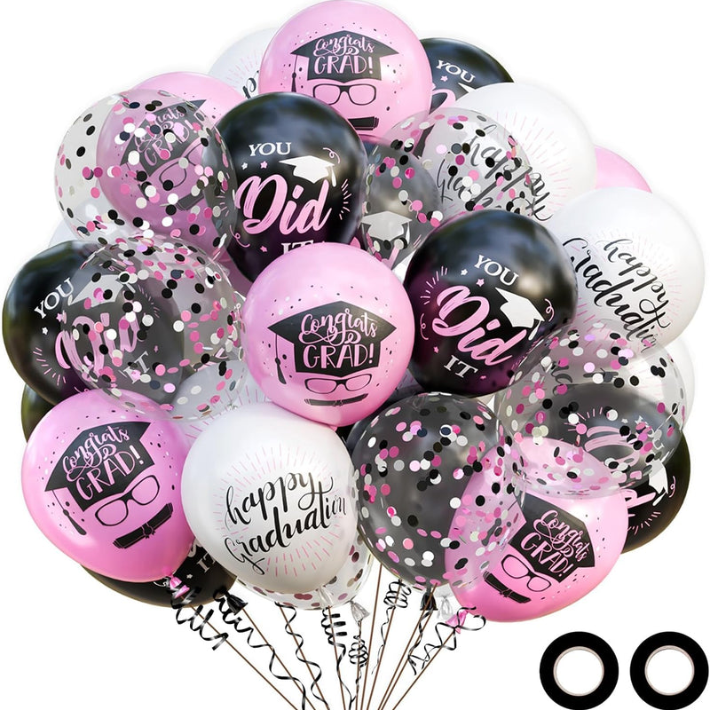75-pack Black Gold Graduation Party Decorations Balloons with Ribbons for College or High School Party Supplies