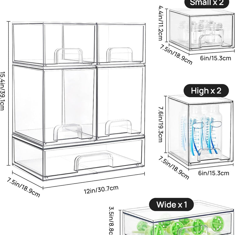 Vtopmart Stackable Storage Drawers Set of 5, Clear Plastic Organizer Bins for Baby Bottle, Beauty Supplies Storage, Ideal for Kichen Countertop, Vanity, Bathroom, Cabinet, Pantry Organization