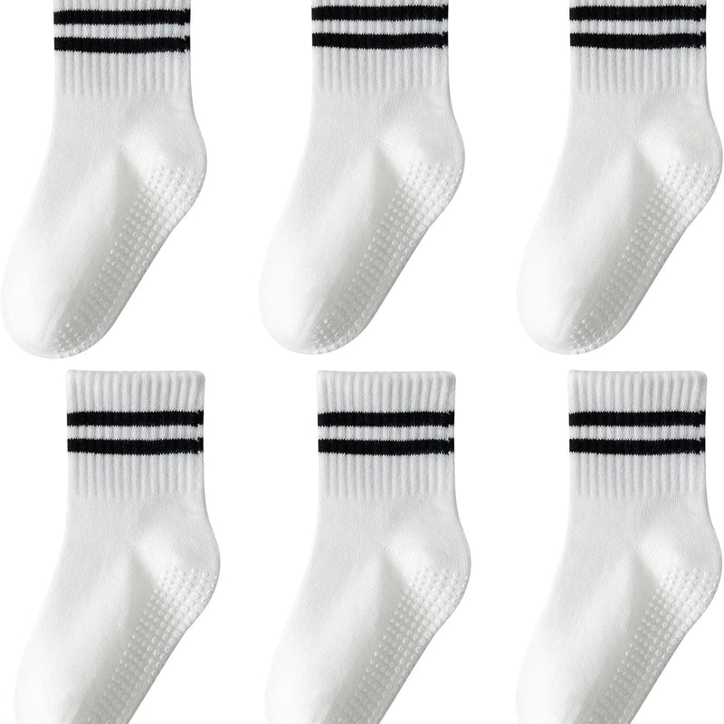 Toddler Grip Socks with Non-Slip Unisex Baby Stripe Crew Cotton Socks | Retro Seamless Ankle Socks for Girls Boys 6 Pairs