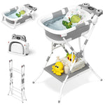 BUNWAG Baby Bathtub, Collapsible Newborn Bathtub for Infant to Toddler with Soft Cushion and Thermometer,Portable Travel Newborn Tub with No-Slip Feet, Baby Shower Gifts, 0-12 Months Baby Bath, Grey