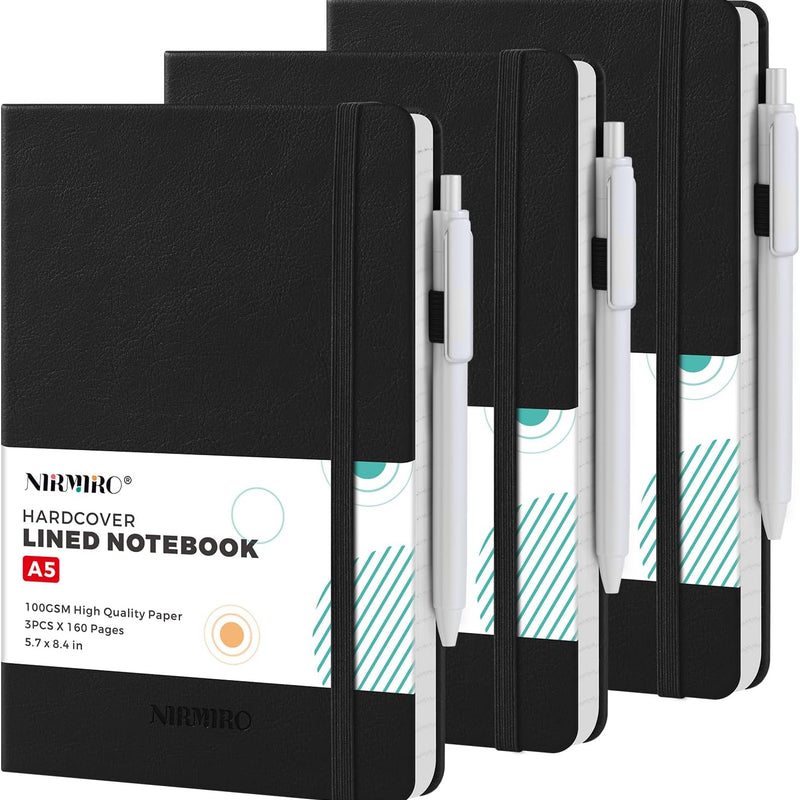 NIRMIRO (3 Pack) Pocket Notebook Small Journal with Pen, 3.7" x 5.7", A6 Mini Notebook for Women Men Work Writing, Hardcover Small Pocket Notepad with 100Gsm Premium Thick Lined Paper, Black Leather