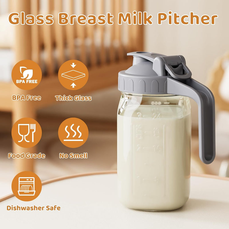 32 oz Breast Milk Pitcher, Glass Mason Jar Pitcher with Lid | Airtight, Leak Proof, Wide Mouth, Pour Spout Lid, Thick Glass, Fridge Safe, Ergonomic Handle, Easy to Clean