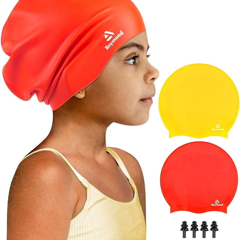 2 Pack Kids Extra Large Swim Cap for Long Thick Hair, Waterproof Silicone Swimming Cap for Toddler Child Youth Girls Boys, Durable Swim Hats Bathing Caps for Braids, Dreadlocks, Extensions, Afros