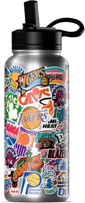 Hydrapeak NBA Officially Licensed All-Team Sticker Print Logo 20oz Kids Water Bottle, Straw Lid & Handle, Insulated Sports Bottle for Sports, Camp, School & Everyday Adventures