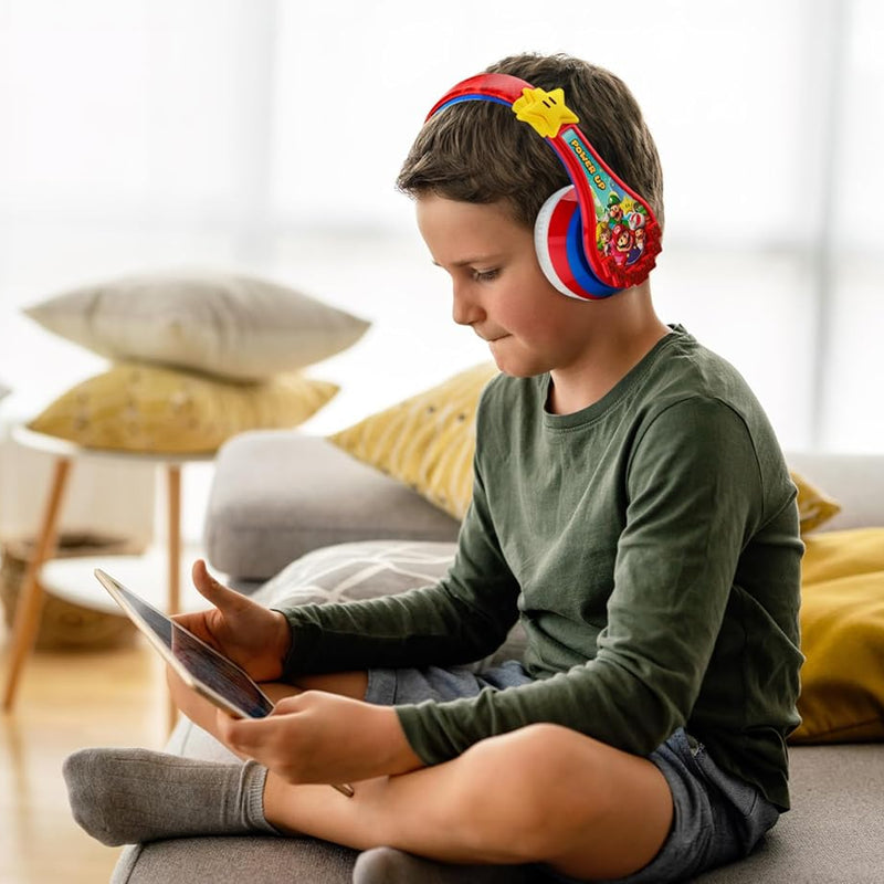 Super Mario Wireless Bluetooth Portable Kids Headphones with Microphone, Volume Reduced to Protect Hearing Rechargeable Battery, Adjustable Kids Headband for School Home or Travel