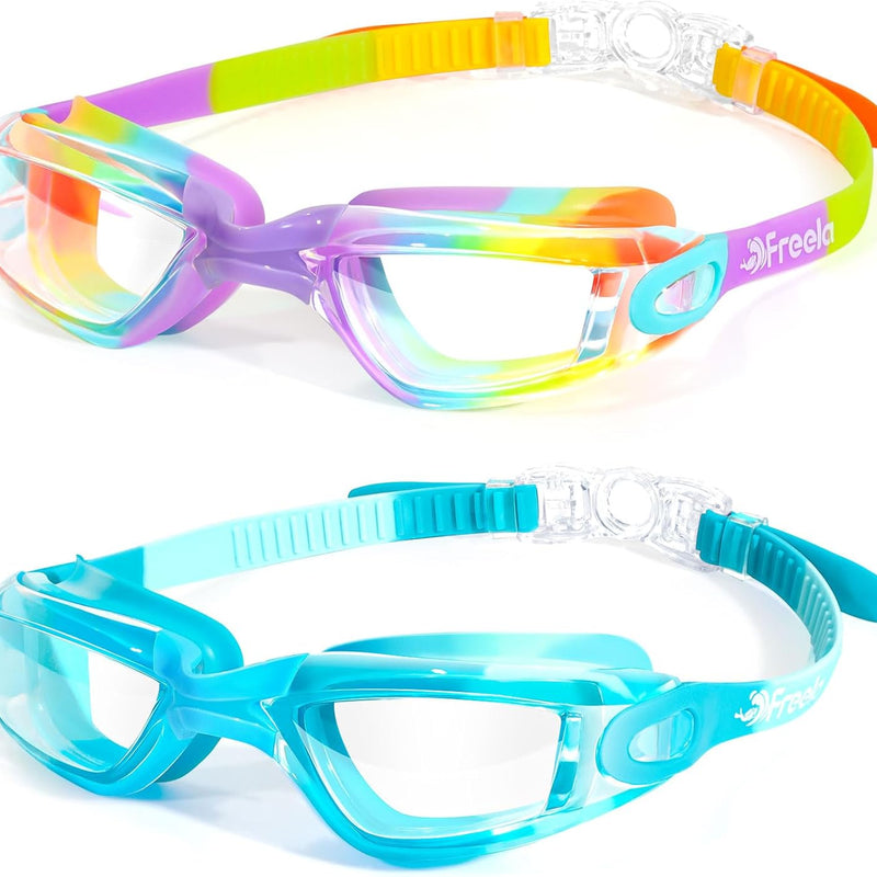 Freela Kids Swim Goggles, 2 Packs Swimming Goggles for Kids 3-14, Boys Girls Swim Goggles Anti Fog UV Protection No Leaking
