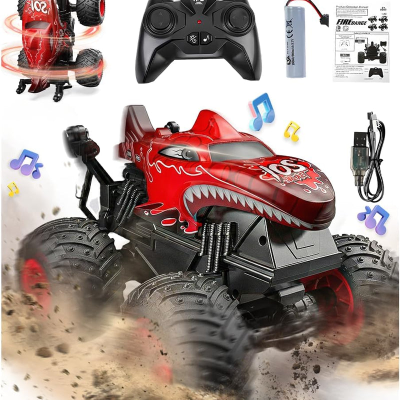BEZGAR 1:20 Scale Remote Control Monster Truck with Light & Music for Kids 4-7, Dinosaur RC Car with 360° Spins and Drifting